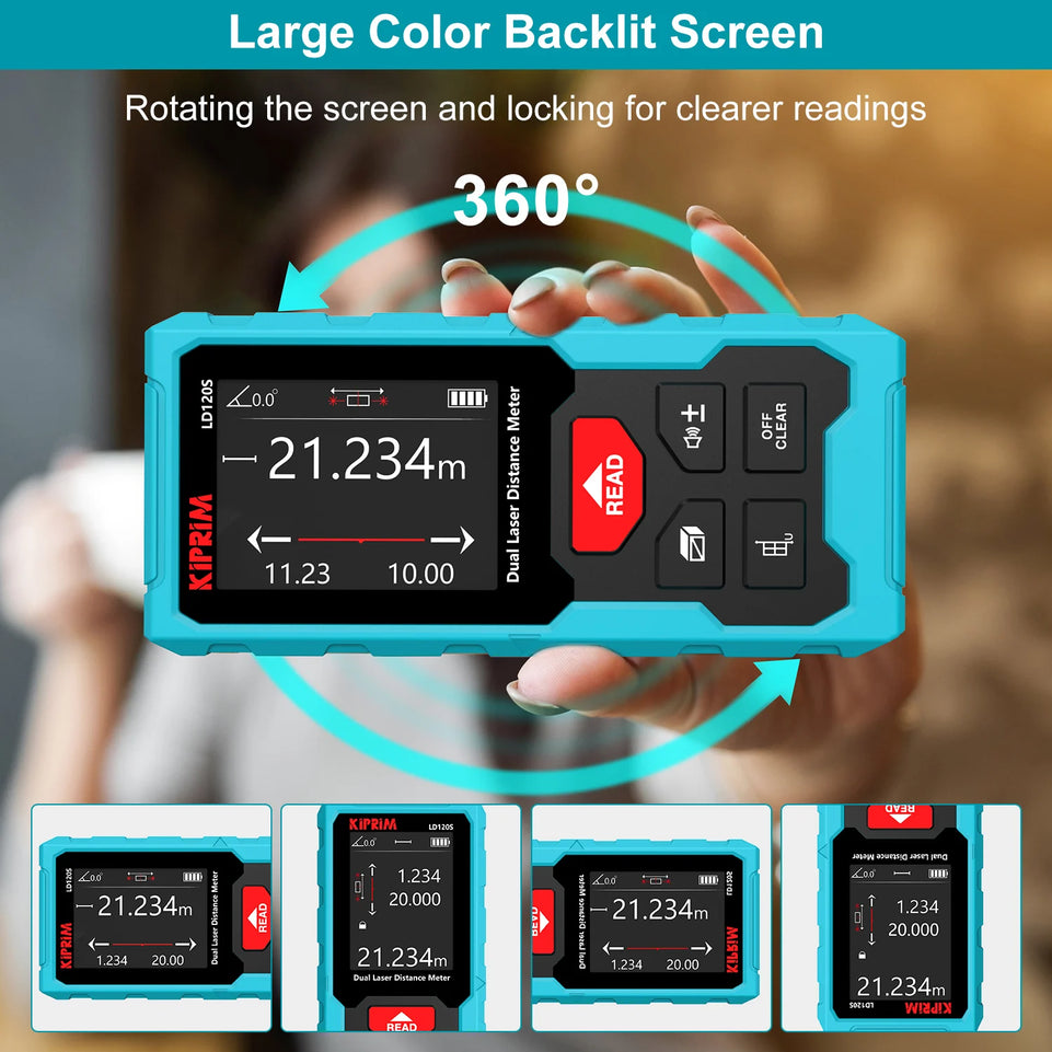 Kiprim Dual Laser Distance Meter Rechargeable Bilateral Laser Rangefinder 120m Digital Tape Measure Angle Measurment Tool