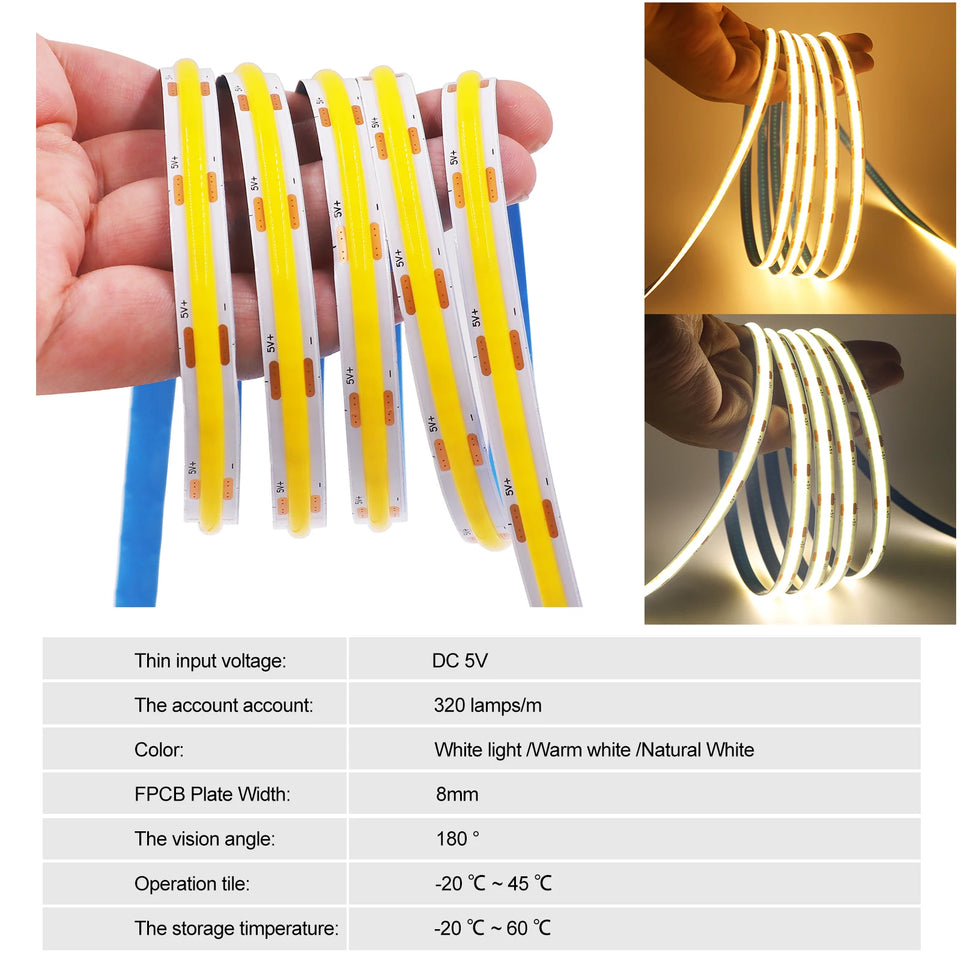 5V USB ON/OFF/Touch Dimmerable COB Strip 320Leds White 3000K 4000K 6000K Home Decor Cabinet Lamp Flexible Ribbon Rope LED Light
