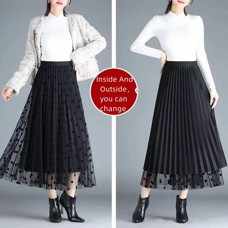 Women's Mesh Flower Skirt 2024 Spring Summer Lace Flocking Big Swing Elastic High Waist Fashion Elegant A-line Skirt Half skirt