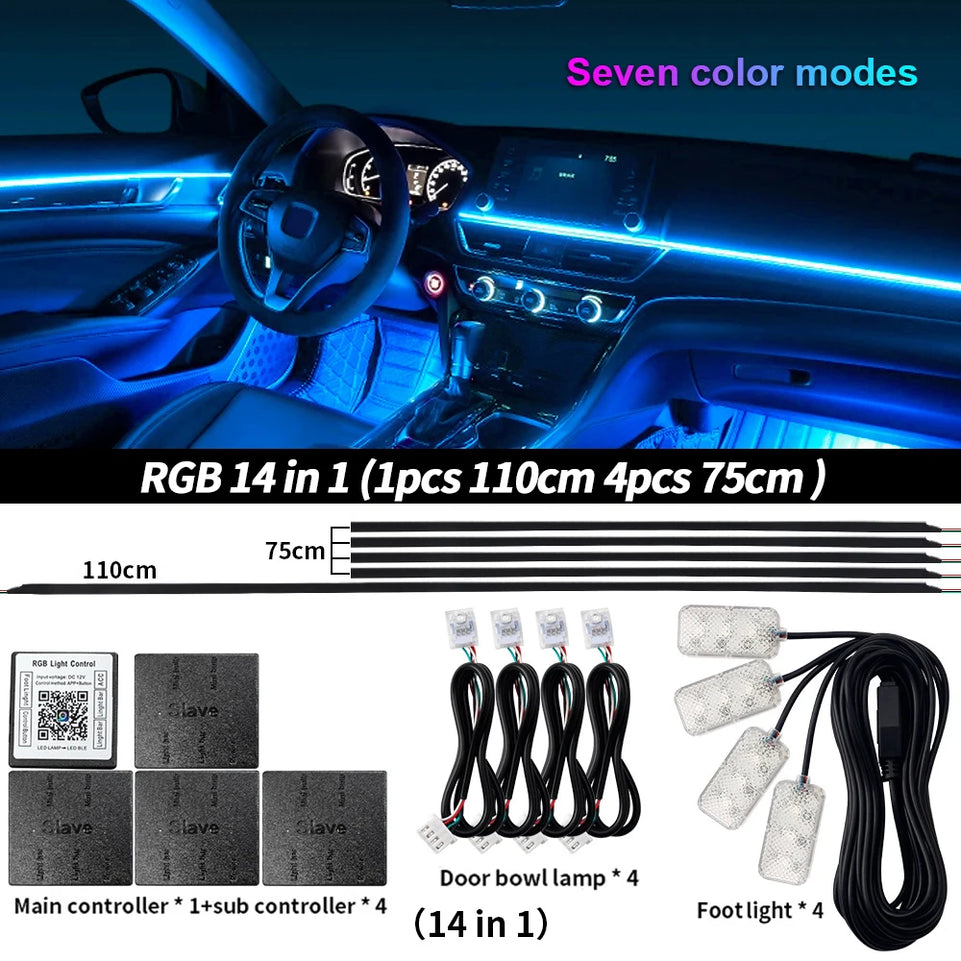6/10/14/18 in 1 Led Car Ambient Lights RGB 213 64 Color Acrylic Strips Symphony Streamer Interior Atmosphere Lamp Control By App