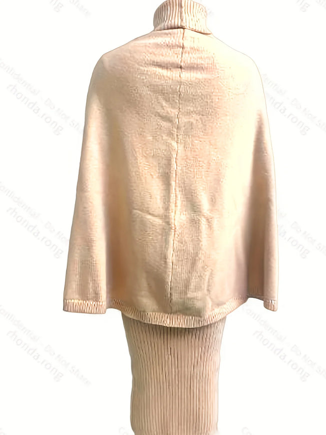 New Winter Elegant Knitted Turtleneck Cape Long Dress Suit A-line Women Party Dress Skirt Slim Evening Vacation Warm Dress