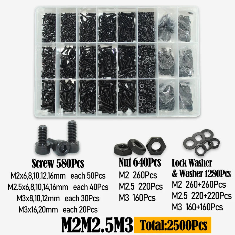 Black 2500P Hex Socket Head Screws Set M2 M2.5 M3 M4 M5 M6 DIN912 12.9 Allen Screw Nut Steel Button Head Socket Cap Bolt Nuts