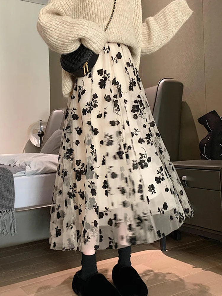 Women's Mesh Flower Skirt 2024 Spring Summer Lace Flocking Big Swing Elastic High Waist Fashion Elegant A-line Skirt Half skirt