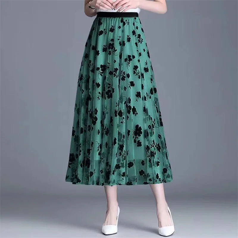 Women's Mesh Flower Skirt 2024 Spring Summer Lace Flocking Big Swing Elastic High Waist Fashion Elegant A-line Skirt Half skirt