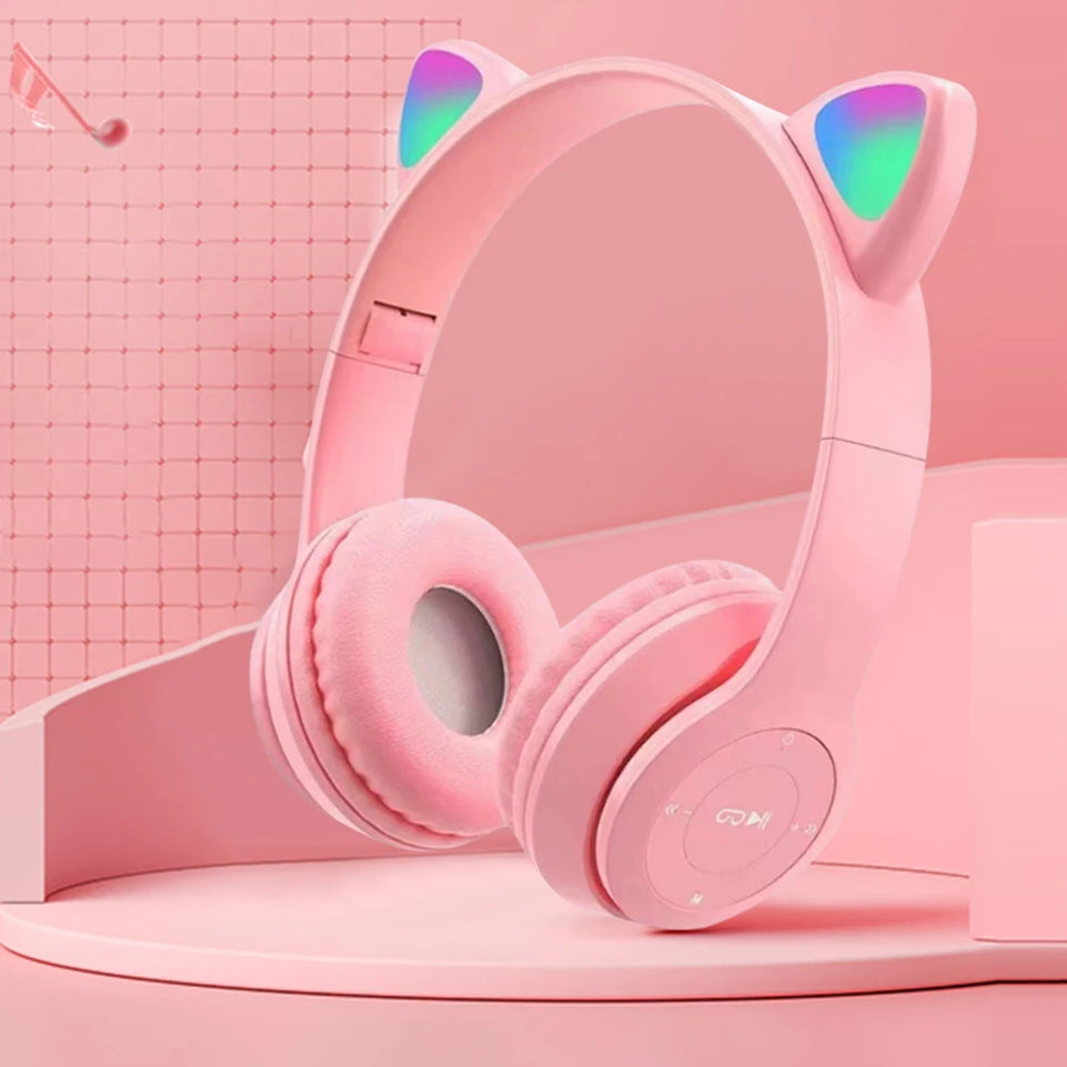 Over-Ear Headsets Cute Sports Headphones Wireless Headphones Cat Ear Bluetooth-Compatible Helmets Stereo Bass for Kids and Adult