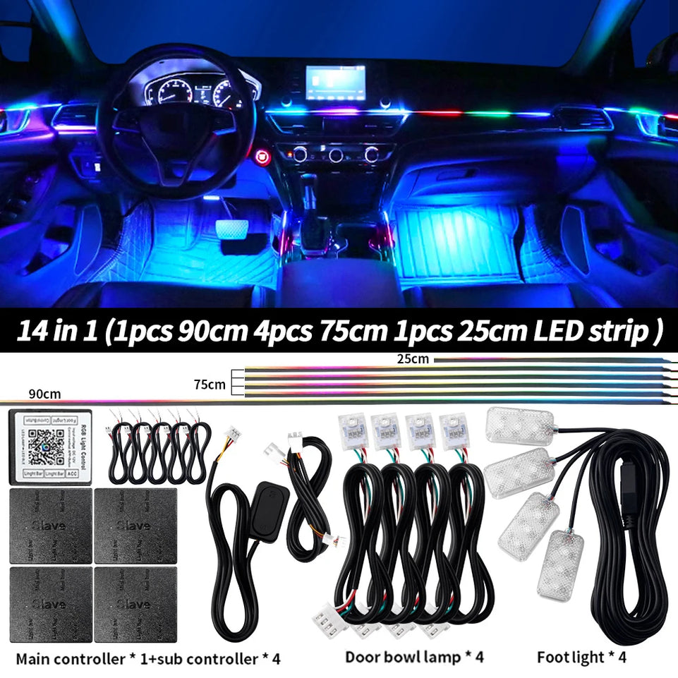 6/10/14/18 in 1 Led Car Ambient Lights RGB 213 64 Color Acrylic Strips Symphony Streamer Interior Atmosphere Lamp Control By App
