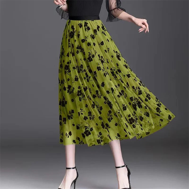 Women's Mesh Flower Skirt 2024 Spring Summer Lace Flocking Big Swing Elastic High Waist Fashion Elegant A-line Skirt Half skirt