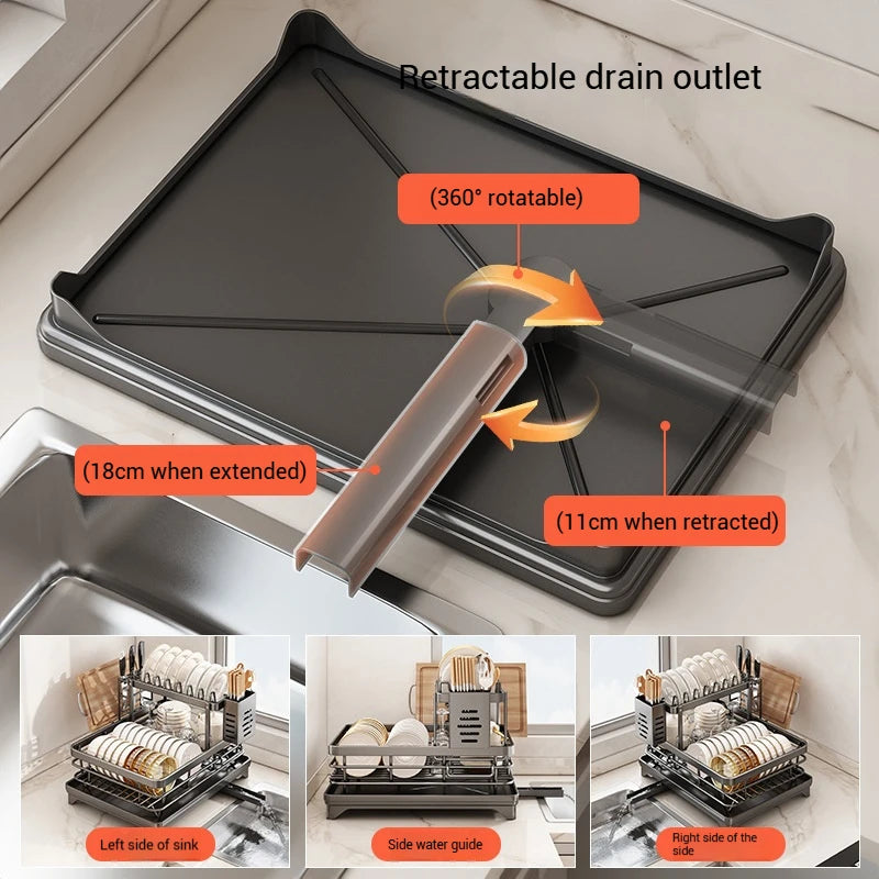 Stainless Steel Dish Drying Rack Adjustable Kitchen Plates Organizer with Drainboard Over Sink Plate Drainer Storage Organizer