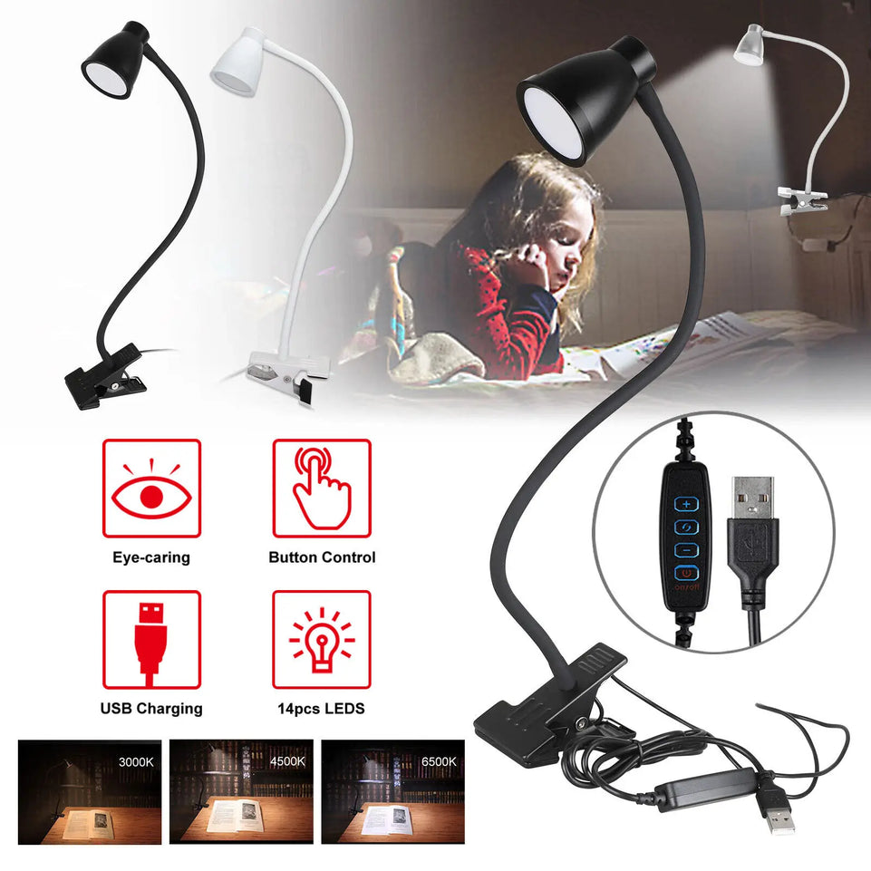 3Colors Horn Type LED Desk Lamp With Clamp Base Adjustable Gooseneck USB Clip Lamp Cupboard Desk Bedside Small Book Lamp