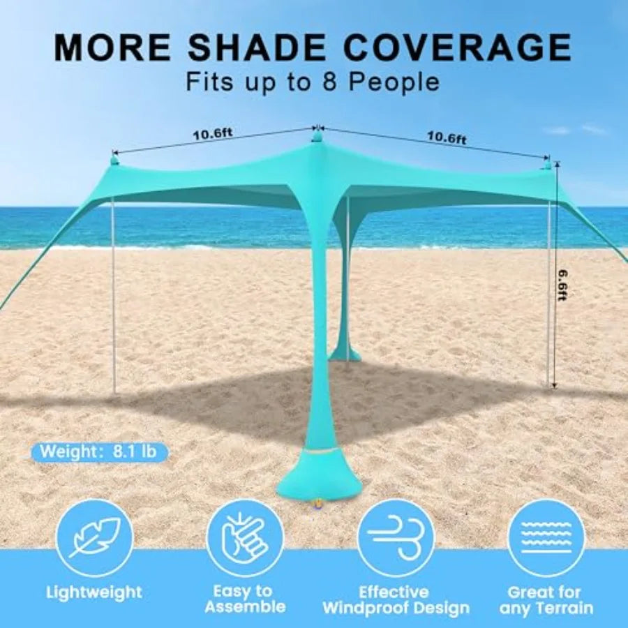 Beach Tent Sun Shelter 10X10FT UPF50+ with 4 Aluminum Foldable Poles Easy Setup Outdoor Shade Canopy for 8 Person Camping Sun S