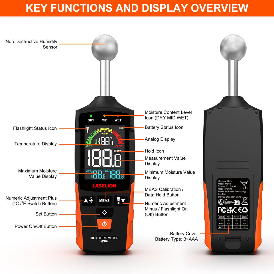 Laselion Inductive Timber Damp Detector Full Angle Pinless Wall Material Wood Moisture Meter for Drywall Humidity Hygrometer