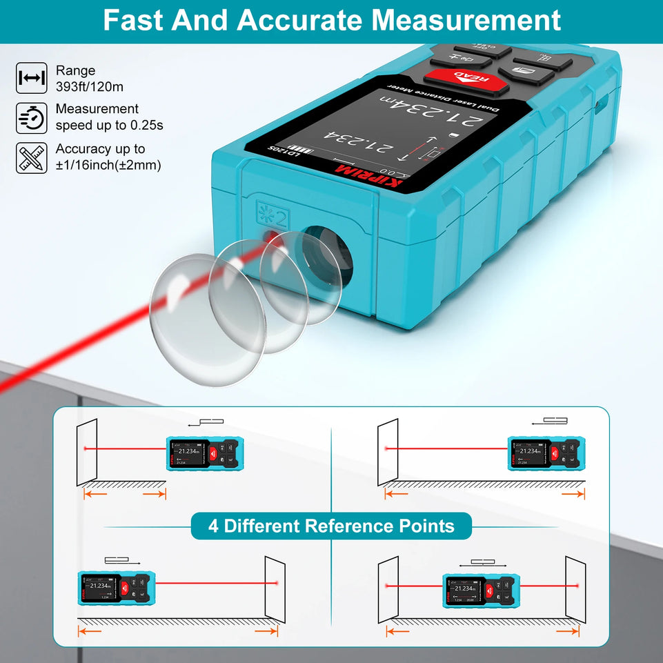 Kiprim Dual Laser Distance Meter Rechargeable Bilateral Laser Rangefinder 120m Digital Tape Measure Angle Measurment Tool