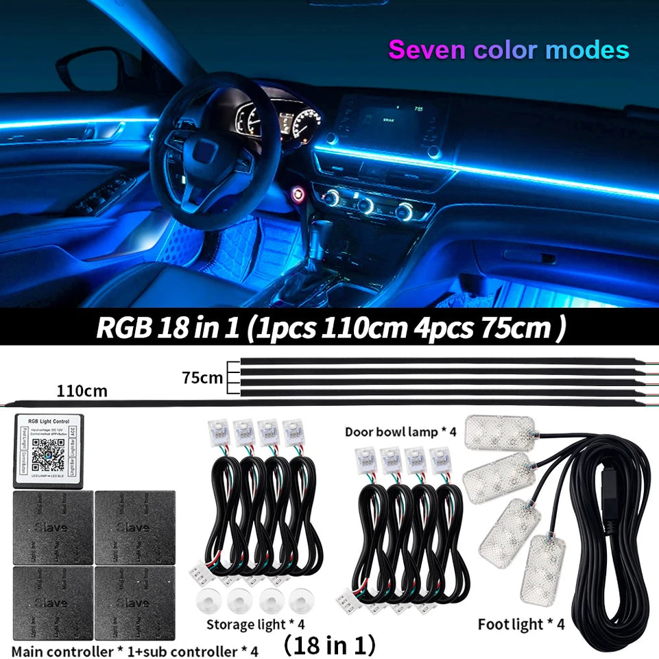 6/10/14/18 in 1 Led Car Ambient Lights RGB 213 64 Color Acrylic Strips Symphony Streamer Interior Atmosphere Lamp Control By App
