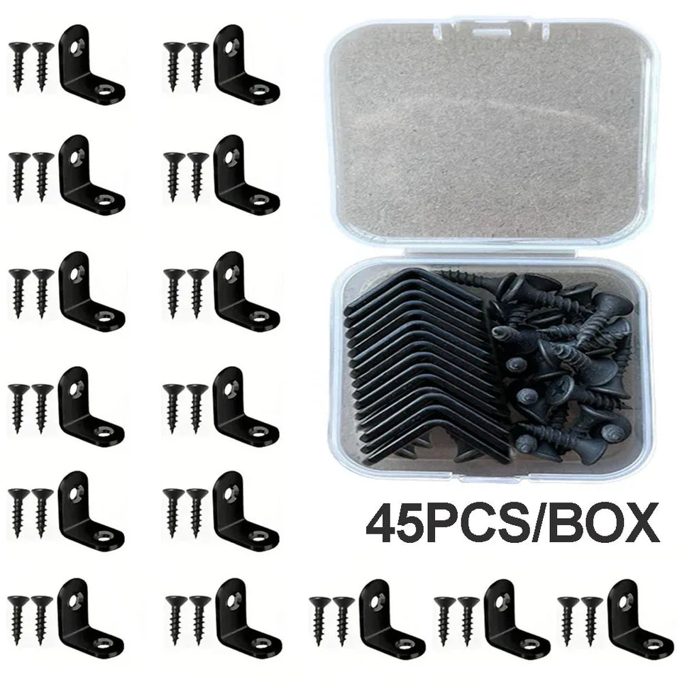 45pcs/Box Black 90 Degree Corner Brackets  Support Accessories with Screws Heavy Duty Connection Angle Connector Wardrobe Fixed