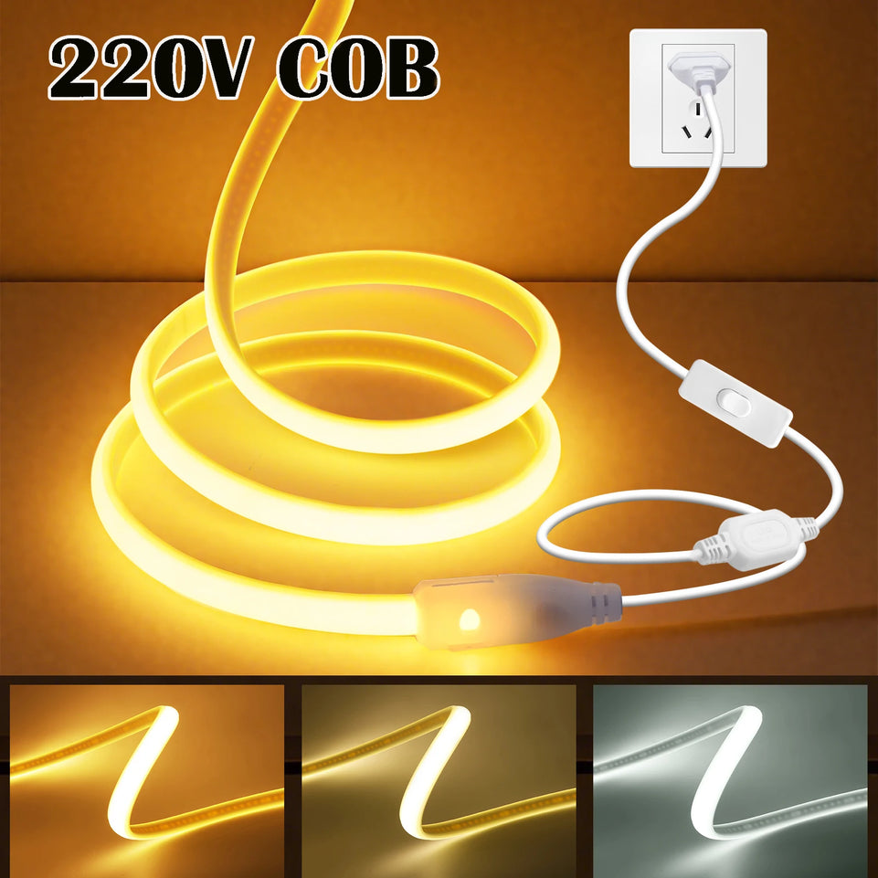 AC 220V COB Strip With ON/OFF Switch White 3000K 4000K 6000K IP65 Waterproof Home Decor Flexible Ribbon LED Neon Light 1M-35M