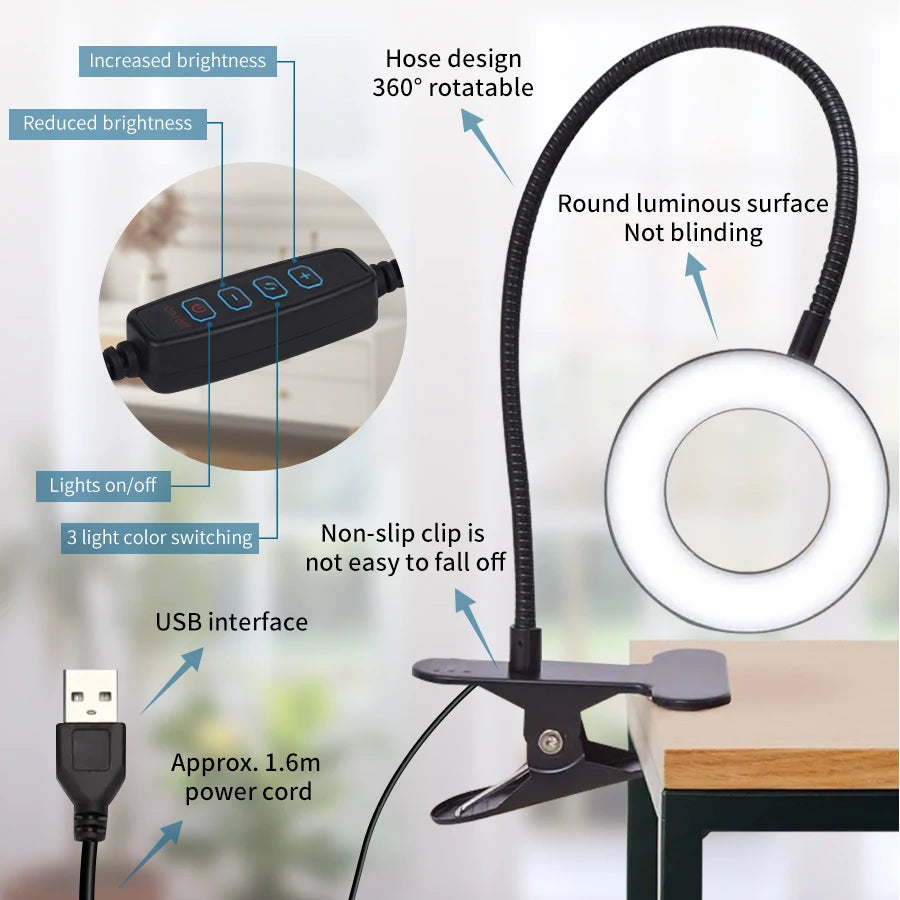 LED Desk Lamp with Powered Adjustable Arm,360° Rotating Light,Reading,Nail Art,Selfie,Home Office,Modern Table Lamp w/Lacquered