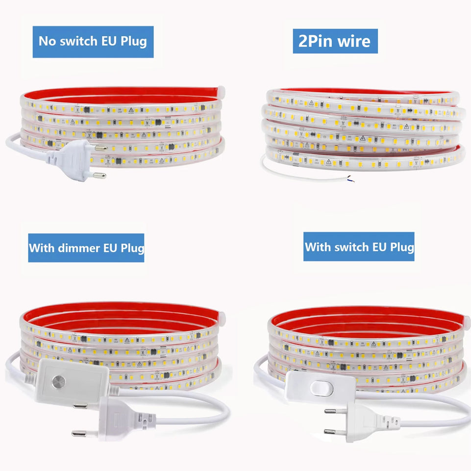 Dimmable LED Strip Light 220V Switch EU Power Dimmer Kit Waterproof 2835 120LEDs/M High Bright Flex Tape Home Decor 0.5M 10M 20M