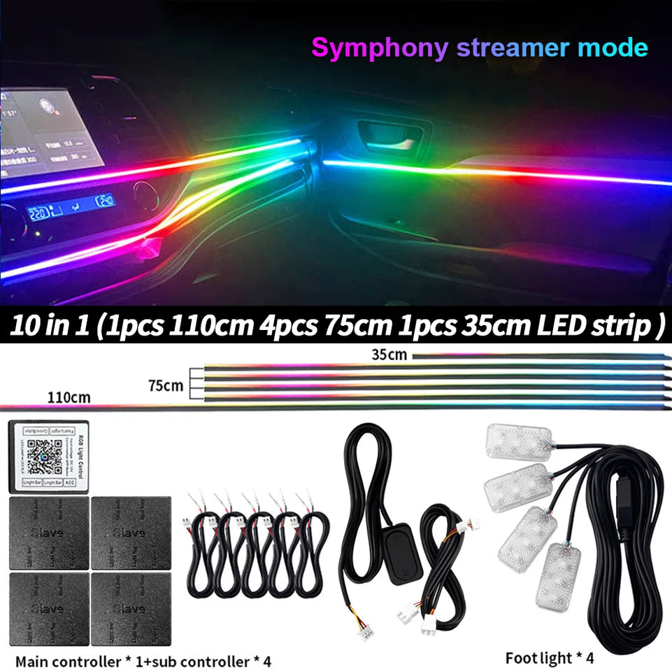 6/10/14/18 in 1 Led Car Ambient Lights RGB 213 64 Color Acrylic Strips Symphony Streamer Interior Atmosphere Lamp Control By App