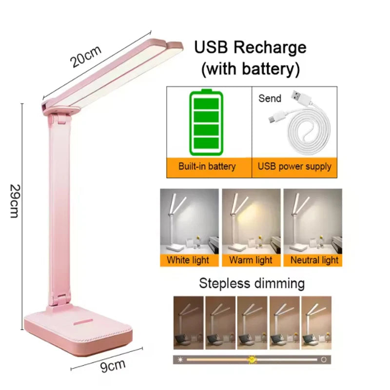 LED Desk Lamp 3 Levels Dimmable Touch Night Light USB Rechargeable Eye Protection Foldable Table Lamp For Bedroom Bedside Desk