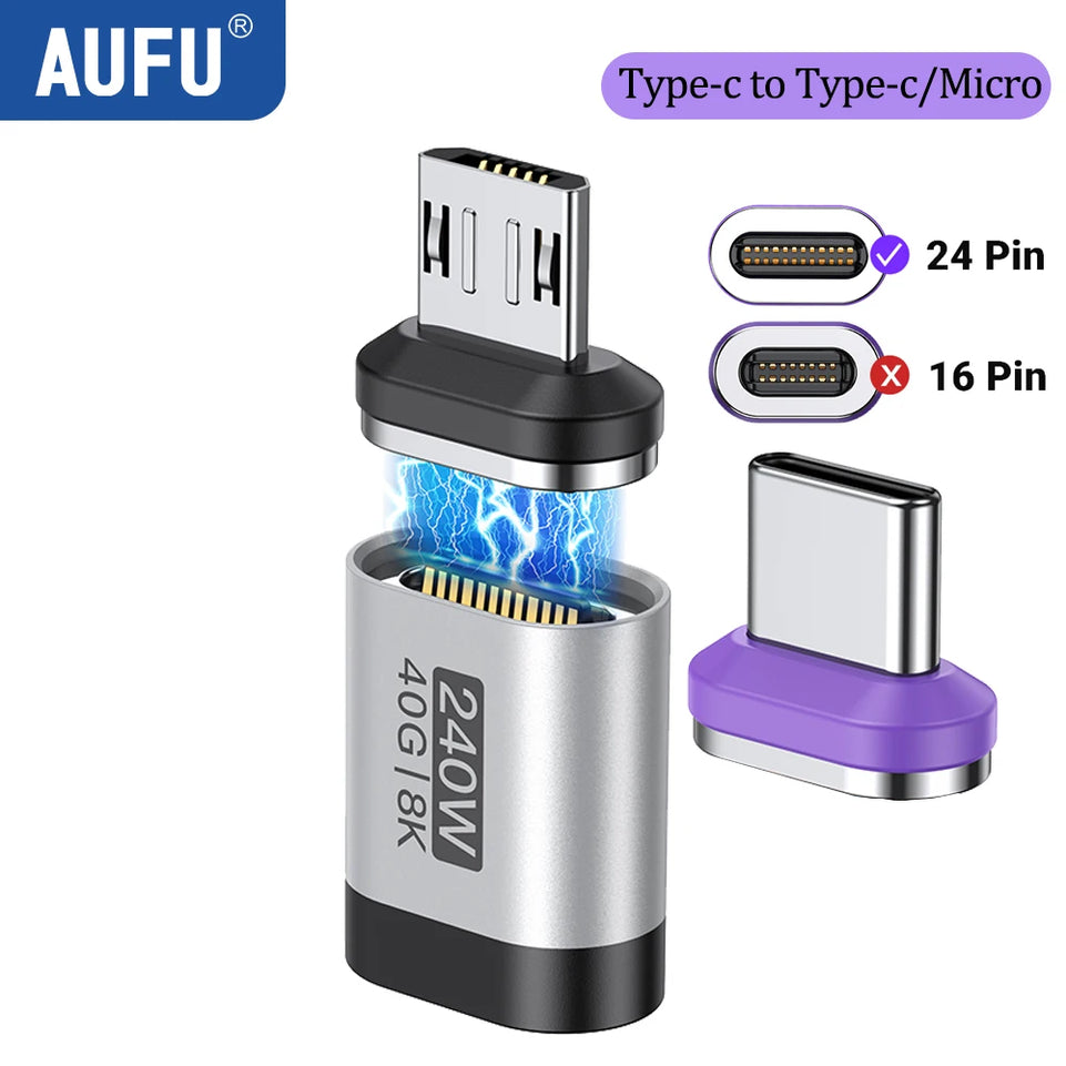 AUFU 240W Magnetic Adapter 24Pin USB4.0 Thunderbolt3 USB C To Type C Fast Charge Magnet USB C Converter Cable 8K USB OTG Adapter
