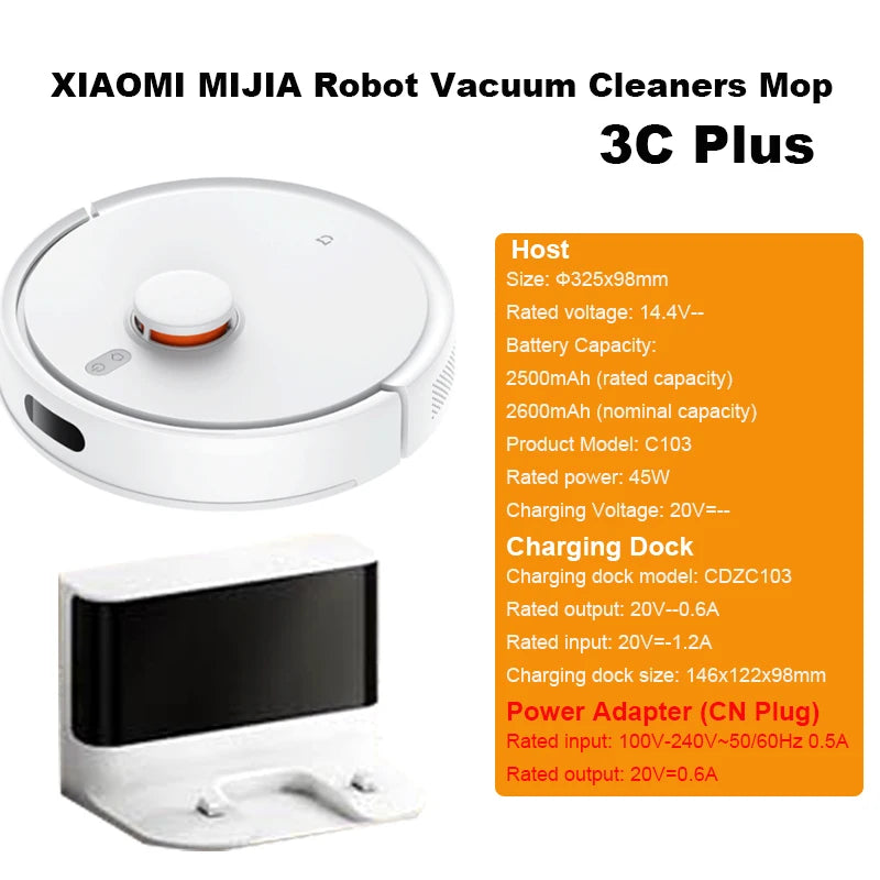 XIAOMI MIJIA Robot Vacuum Cleaners Mop 3C Plus Enhanced Edition Pro C103 5000PA Suction Sweeping Washing Mop APP Smart Planned