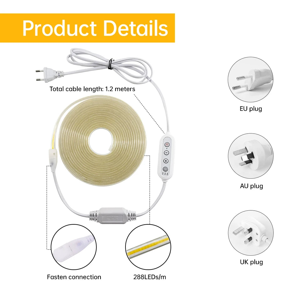 AC 220V EU AU UK Plug COB LED Strip Light Timing Dimmable Led Lights Tape IP65 Waterproof Flexible Ribbon For Outdoor Lighting