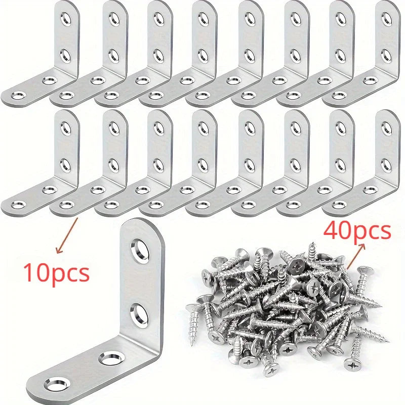 A Set Of 50pcs,Including 10pcs 90-Degree Right-Angle Brackets With 40screws,L-Shaped Bracket Hardware For Wooden Shelves,Chairs